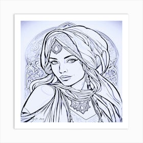 Arabian Beauty Portrait in Black/White Drawing Art Art Print