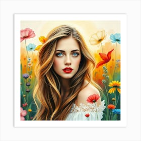 Beautiful Girl With Flowers 1 Art Print