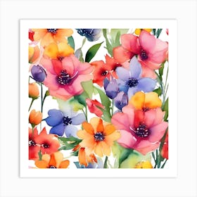 Watercolor Flowers Seamless Pattern Art Print