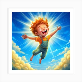 Joyful Child Soaring Through The Clouds Art Print