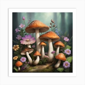 Mushrooms And Flowers Art Print 1 Art Print