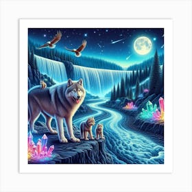 Wolf Family by Crystal Waterfall Under Full Moon and Aurora Borealis and Eagles 1 Art Print