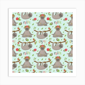 Seamless Pattern With Cute Sloths Relax Enjoy Yoga Art Print