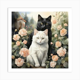 Cat And Roses Art Print