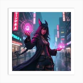 A Cyberpunk Mage With Neon Magic Casting Spells In A Futuristic Cityscape Art Print