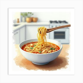 Watercolor Portrayal Of A Classic And Delicious Chicken Noodle Soup On A Chic Kitchen Countertop Art Print