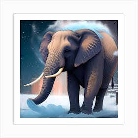 An Elephant Blowing Snow Away Art Print