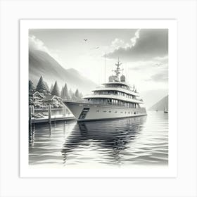 A Pencil Drawing Of A Luxury Yacht On A Lakefront 1 Art Print