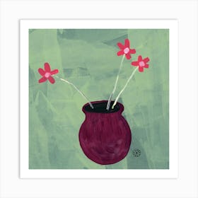 Simple Flowers On Olive Green - minimal floral square Art Print