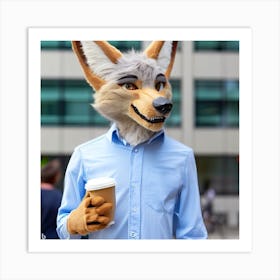 Blue shirt dog with coffee Art Print