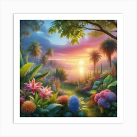 Tropical Garden At Sunset Art Print