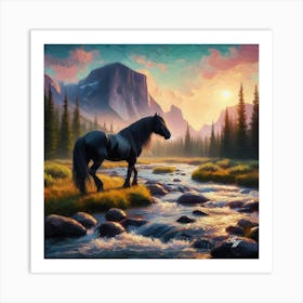 Black Stallion By Stream At Sunrise 2 Art Print