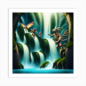 Fantasy Art: Mythical Creatures Playing In A Waterfall Art Print
