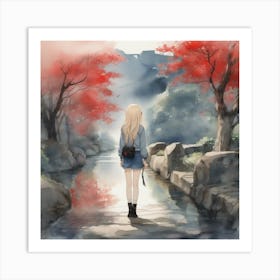 Girl Walking By A Stream Art Print