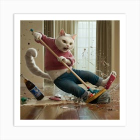 Cat Playing With A Broom Art Print