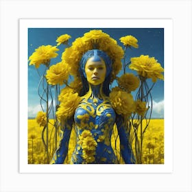 Yellow Flowers In Field With Blue Sky Sf Intricate Artwork Masterpiece Ominous Matte Painting Mo (3) Art Print