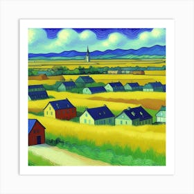 Wheat Field Village Serenity: A Rustic Paradise Art Print