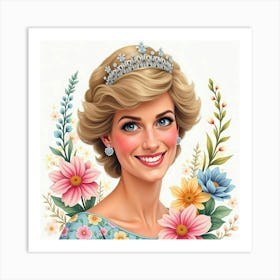 Smiling Princess Diana, Watercolor Flowers In The Colorful Background 1 Art Print