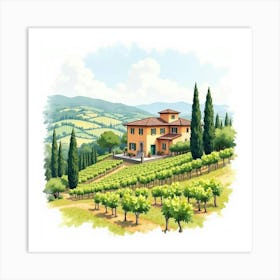 Elegant Watercolor Of A Tuscan Villa Surrounded By Vineyards And Rolling Hills 1 Art Print