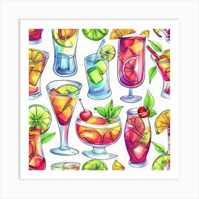 Watercolor Cocktails Seamless Pattern Art Print