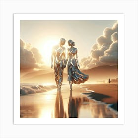 Abstract Couple Walking On The Beach Art Print