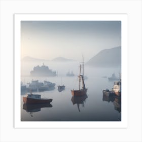 Dreamshaper V7 A Serene Fogcovered Harbor With Fishing Boats G 0 Art Print