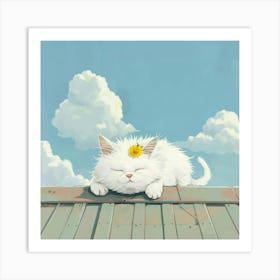 White Cat Sleeping On Roof Art Print