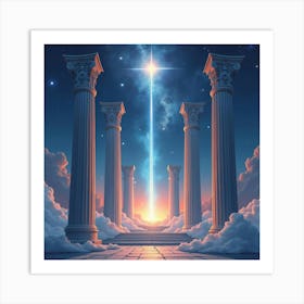 Celestial Temple With Glowing Pillars, Watercolor 1 Art Print