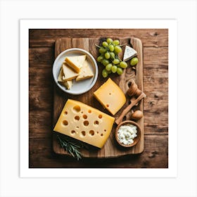 Cheese And Grapes On Wooden Board Art Print
