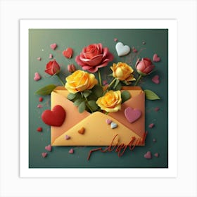 An open red and yellow letter envelope with flowers inside and little hearts outside Art Print