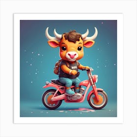 Cartoon Cow Riding A Motorcycle Art Print