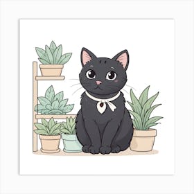 Black Cat With Potted Plants Art Print