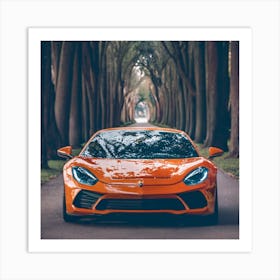 Orange Sports Car In The Forest Art Print