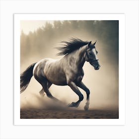 Horse Galloping In The Forest Art Print