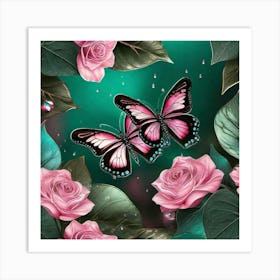 Butterfly And Roses 1 Art Print