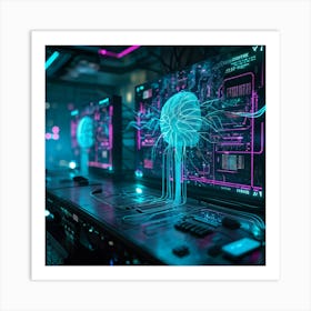 Cyber Interface With Intricate Neural Connections Symbolizing Ai And Human Cognitive Interaction Ne (3) Art Print