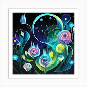 Abstract oil painting: Water flowers in a night garden 7 Art Print