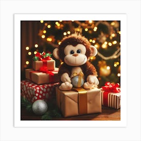 Cute Monkey On A Christmas Gift Art Print