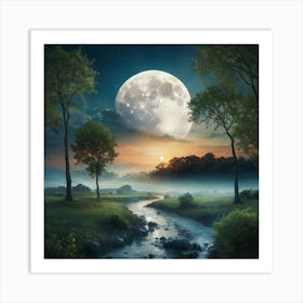 Full Moon Over A Stream Art Print