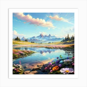 Mountain Landscape With Flowers Art Print