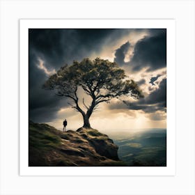 Lone Tree, A Lone Tree Standing Strong On A Cliff Edge Against A Stormy Sky Representing The Courage 1 Art Print