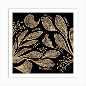 Gold Leaves And Flowers Art Print