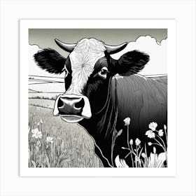 Art Of Cute Cow In The Green Land Black And White Art Print