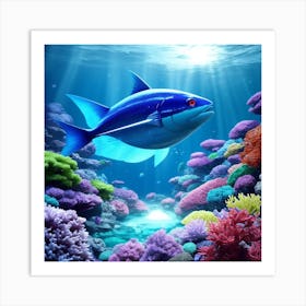 Blue Fish In Coral Reef Art Print