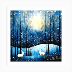 Rabbits Winter - Snowy Night Art Print