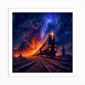 Train In The Night Sky, drawing night train rides drawing night train rides vibrant colors generative ai Art Print