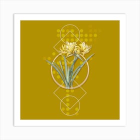 Vintage Golden Hurricane Lily Botanical with Geometric Line Motif and Dot Pattern Art Print
