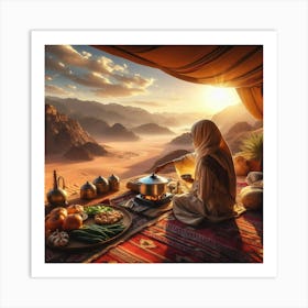 Bedouin Woman Cooking With Panoramic View Art Print