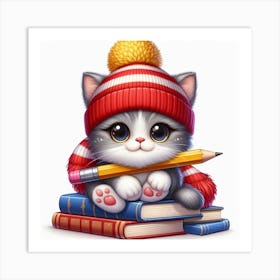 Cute Kitten Sitting On Books Art Print