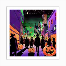 The Image Captures A Contemporary Halloween Scene Featuring A Bustling Urban Street Brightly Illumi Art Print